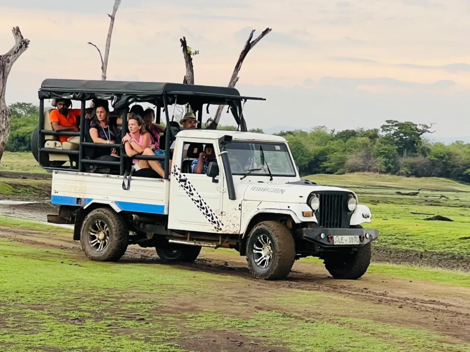 A safari jeep of travellers crossing a national park at dusk
