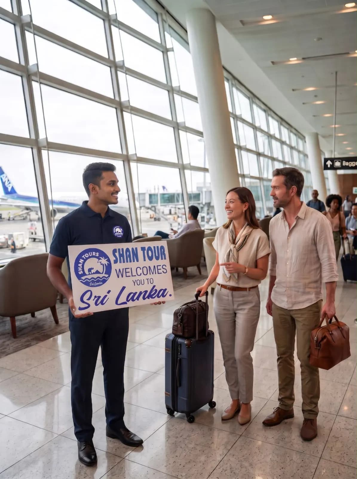 A Shan Tours guide meeting arriving travelers at the airport with a welcome board