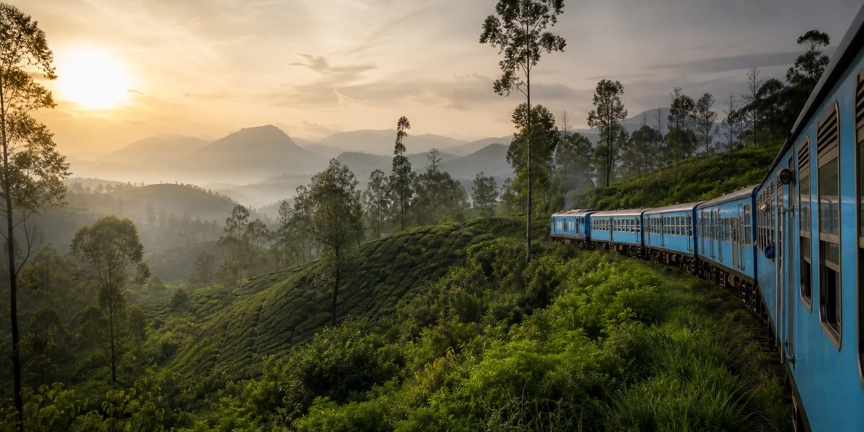 A blue train travelling through Sri Lanka's hill-country tea estates